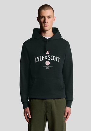 Sweat à capuche noir en mélange de coton, avec une poche avant, des cordons de serrage, et un logo avec une couronne et une rose en blanc et rose.
