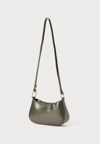 Olive green, glossy shoulder bag with a curved shape, thin strap, and gold-tone hardware accents. Smooth texture with no visible patterns.