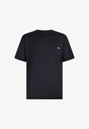 T-shirt in cotone nero con scollatura rotonda, maniche corte e un piccolo logo bianco sul petto. Design semplice e dritto.