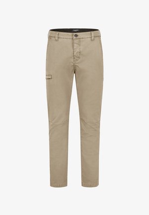 Beige Cargo-Hosen aus Baumwolle, mit geradem Schnitt, Seitentaschen und gestickten Details. Glatte Textur mit einem lässigen Design.