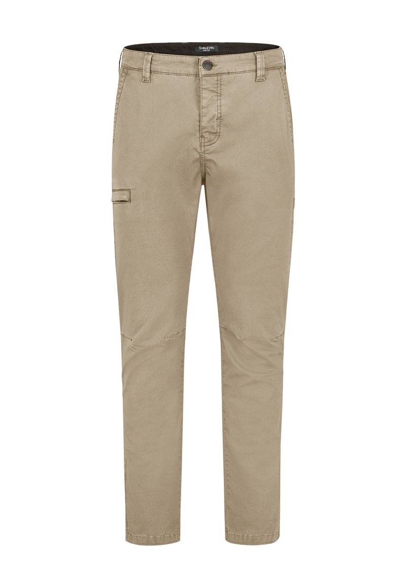 Beige Cargo-Hosen aus Baumwolle, mit geradem Schnitt, Seitentaschen und gestickten Details. Glatte Textur mit einem lässigen Design.
