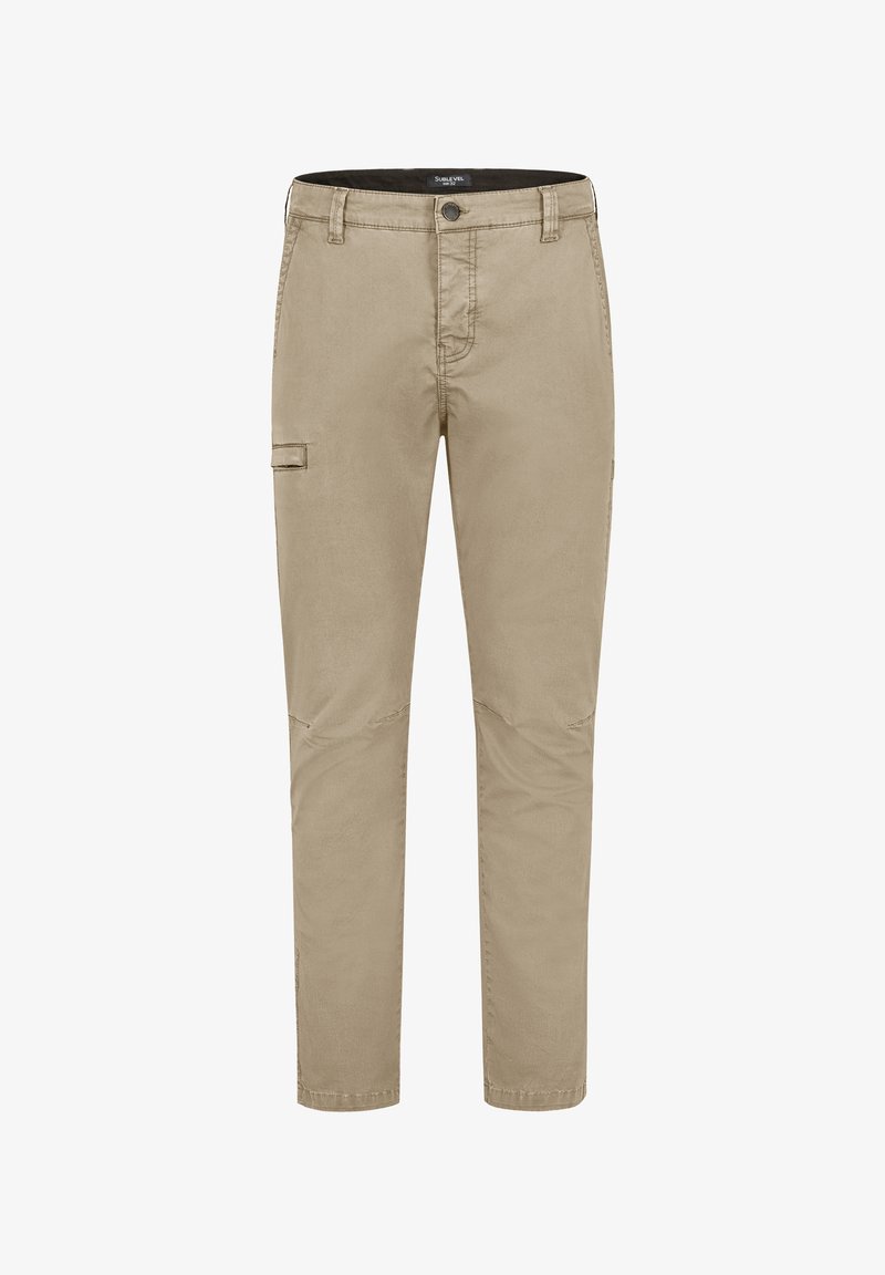 Beige cargo pants made from cotton, featuring a straight fit, side pocket, and stitched detailing. Smooth texture with a casual design.