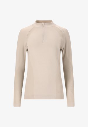 Beige langærmet top med mock neck og kvart lynlås. Har strukturerede striber og en tætsiddende pasform, lavet af letvægts, åndbart materiale.