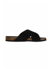 Zwarte suède slip-on sandalen met kruislings banden, kurken voetbed en gekartelde zoolrand. Laag profielontwerp geschikt voor casual dragen.