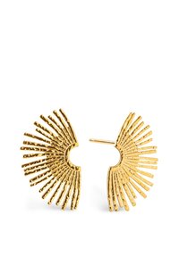 Goldfarbene Ohrringe mit einem fächerförmigen Design. Sie verfügen über verlängerte, strukturierte Strahlen, die von einem offenen Zentrum ausgehen und einen mutigen geometrischen Look bieten.