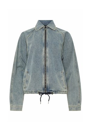 Lichtblauwe denim jas met ritssluiting aan de voorkant, twee zijzakken, kraag, lange mouwen en verstelbare trekkoorden aan de zoom.