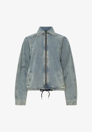 Giacca di denim azzurro chiaro con cerniera frontale, due tasche laterali, colletto, maniche lunghe e coulisse regolabile all'orlo.