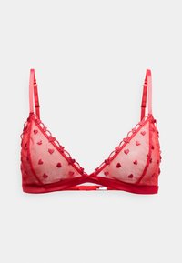 Κόκκινο δαντελένιο bralette με διάφανο ύφασμα, διακοσμημένο με μικρά σχέδια καρδούλας, ρυθμιζόμενες τιράντες και σχέδιο με σταυρωτό σχήμα μπροστά.