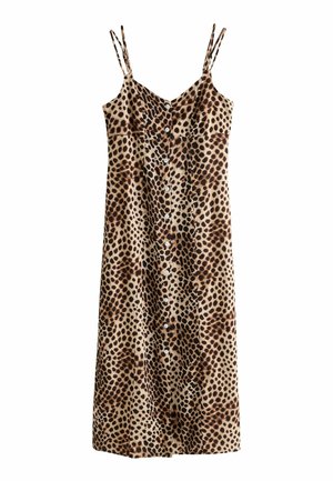 Robe midi sans manches avec fines bretelles, fermeture à boutons sur le devant, et motif léopard en tons marron et beige.
