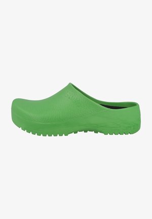 Green plastic clog with a textured finish, rounded toe, and a slip-on design. Features a sturdy sole with traction patterns for grip.