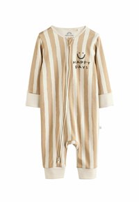 Randig barn onesie i beige och kräm, med långa ärmar, dragkedja och texten "HAPPY DAYS" med ett leende ansikte.