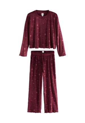 Set format din top cu mâneci lungi și pantaloni de culoare burgundy, cu un model de stele, textură cu nervuri, talie cu șnur și margini ondulate pe mâneci și pe picioarele pantalonilor.