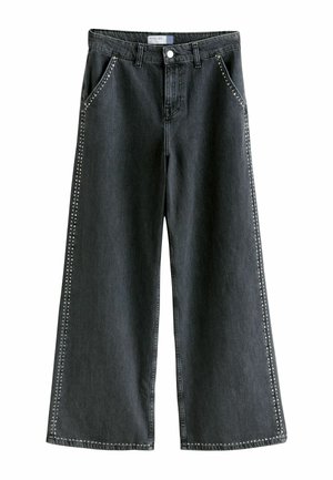 Wide-leg black denim jeans with studded accents along the side seams. Features a button closure and traditional five-pocket design.