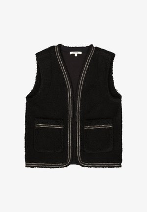 Zwarte fleece vest met een gestructureerd oppervlak, voorzien van een contrasterende bies en twee voorkruisen. Open voorkant ontwerp, zonder mouwen.