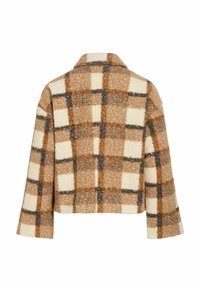 Veste en laine à carreaux marron, beige et gris avec une coupe carrée, manches longues et petit col, vue de dos.