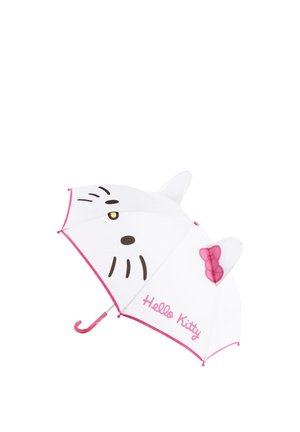 Ombrello bianco con bordo rosa con la faccia di Hello Kitty, orecchie, un fiocco rosa e testo rosa "Hello Kitty" su un pannello.