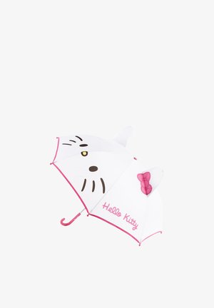 Ombrello bianco con bordo rosa con la faccia di Hello Kitty, orecchie, un fiocco rosa e testo rosa "Hello Kitty" su un pannello.
