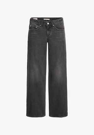 Jean noir à jambe large avec taille haute, comprenant une fermeture à bouton, des passants de ceinture et des poches avant et arrière. Détail de texture délavée.