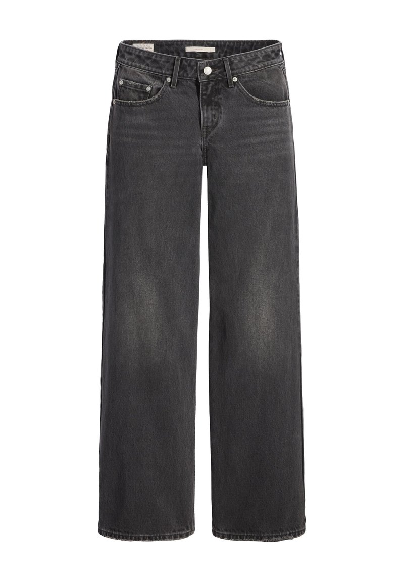 Jeans de mezclilla negros de pierna ancha con cintura alta, con cierre de botón, trabillas para cinturón y bolsillos delanteros y traseros. Detalle de textura desgastada.