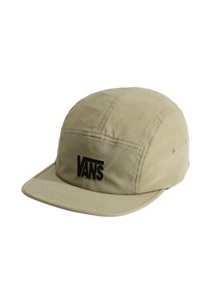 Gorra beige de cinco paneles con el logo negro de Vans en la parte delantera, hecha de un tejido texturizado con costuras visibles y visera plana.