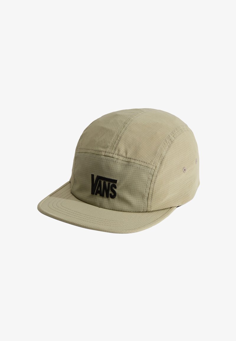 Beige fem-panel cap med sort Vans-logo på fronten, lavet af tekstureret stof med synlige sømme og flad skygge.