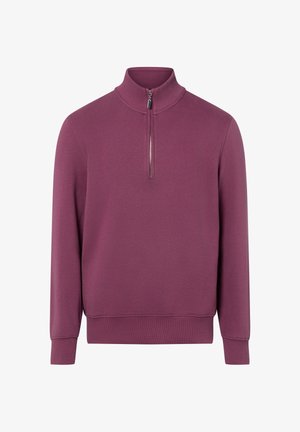 Pullover in tiefem Pflaumenton mit einem Reißverschluss am Stehkragen, hergestellt aus weichem Stoff. Verfügt über gerippte Bündchen und Saum für eine bequeme Passform.