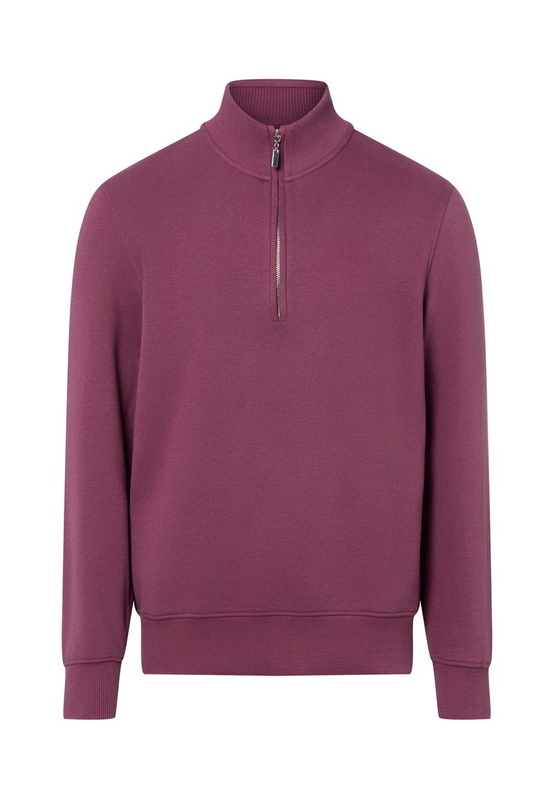 Pullover in tiefem Pflaumenton mit einem Reißverschluss am Stehkragen, hergestellt aus weichem Stoff. Verfügt über gerippte Bündchen und Saum für eine bequeme Passform.