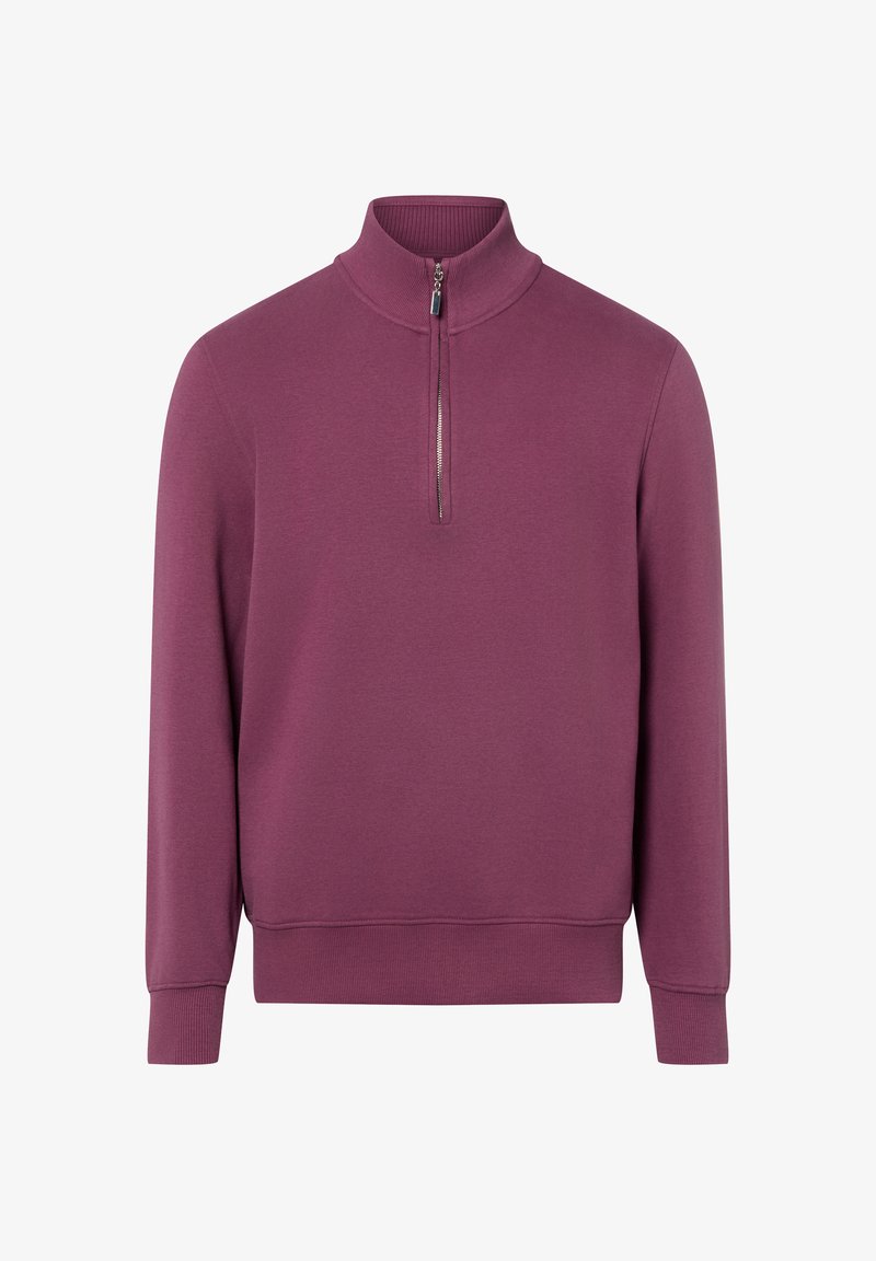 Pullover in tiefem Pflaumenton mit einem Reißverschluss am Stehkragen, hergestellt aus weichem Stoff. Verfügt über gerippte Bündchen und Saum für eine bequeme Passform.