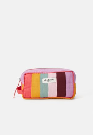 Rectangular quilted pouch with horizontal color stripes in coral, mustard, teal, pink, burgundy, and lavender, featuring a "lollys laundry Copenhagen" label.