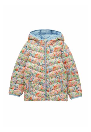 Dziecięca pikowana kurtka z kapturem z pastelowym kwiatowym wzorem, zamek błyskawiczny z przodu i kieszenie na zamek, pikowana dla ciepła, z jasnoniebieską podszewką.
