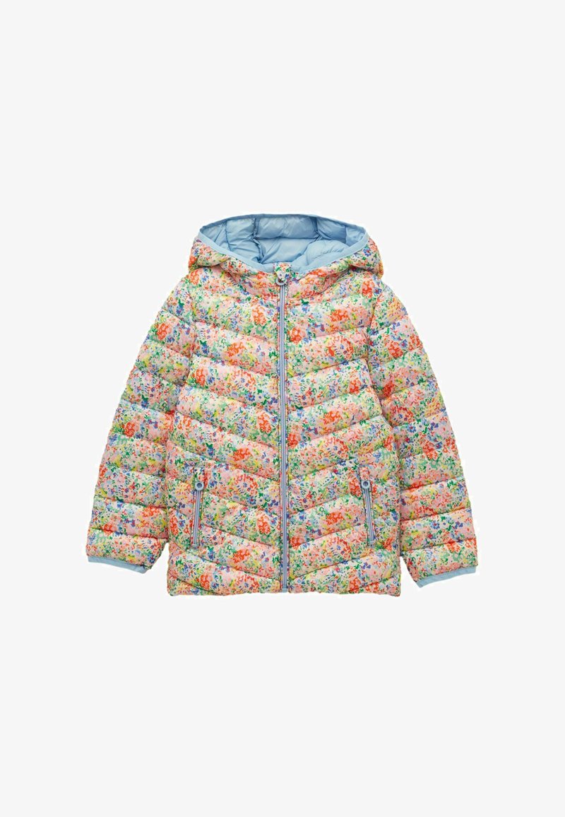 Gesteppte Puffjacke mit Kapuze für Kinder, mit pastellfarbenem Blumenmuster, Reißverschluss vorne und Reißverschlusstaschen, wattiert für Wärme und mit hellblauer Innenfütterung.
