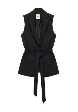 Chaleco blazer negro sin mangas con solapas anchas, cierre de un solo botón, cintura fruncida y cinturón largo unido que cuelga en la parte delantera.