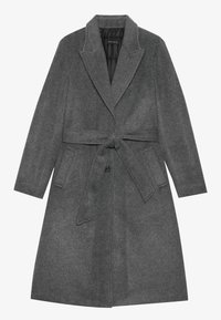 Palton din amestec de lână gri, cu un cordon la talie, rever înclinat și două buzunare laterale, având o textură netedă și o siluetă croită.