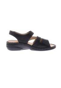 Sandal in pelle nera con due fasce frontali e tallone aperto, caratterizzato da dettagli cuciti e una suola imbottita per il comfort.