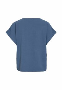 Maglietta blu a maniche corte con vestibilità comoda, tessuto texturizzato, scollatura ampia e orlo dritto. Nessun motivo visibile o hardware.