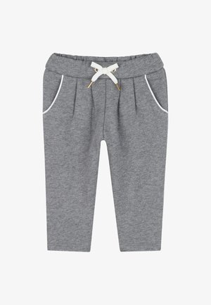 Pantaloni della tuta grigi in cotone con una vita elasticizzata, cordino bianco, due tasche laterali e cuciture decorative lungo le tasche.