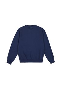 Felpa blu navy con maniche lunghe, scollo a girocollo e polsini e orlo a costine. Presenta un piccolo logo etichetta sulla parte posteriore del collo. Tessuto liscio.