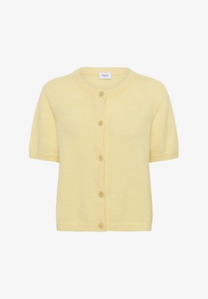 Gelbe kurzärmelige Strickjacke aus weichem Material, mit rundem Ausschnitt, Knöpfen vorne und Rippabschlüssen am Kragen und Saum.