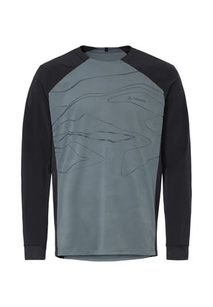 Sportshirt met lange mouwen, zwarte mouwen en een grijze voorkant met abstracte contourlijnen en een klein Vaude-logo op de borst.