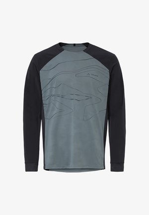 Sportshirt met lange mouwen, zwarte mouwen en een grijze voorkant met abstracte contourlijnen en een klein Vaude-logo op de borst.