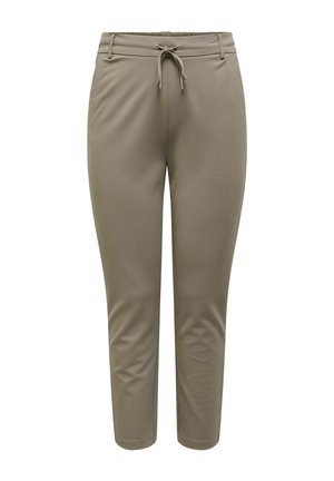 Pantalon olive slim avec taille élastique et cordon de serrage à l'avant, longueur raccourcie, confectionné dans un tissu lisse.
