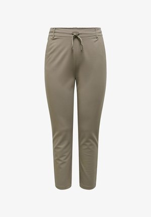 Vékony szabású olívazöld nadrág elasztikus derékpánttal és elöl húzózsinórral, rövidített hosszúságú, sima anyagból készült.