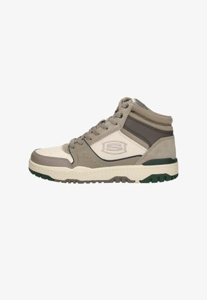 Mid-top sneaker featuring a beige and gray color scheme with a textured finish, perforated details, and a green rubber sole.