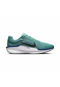 Zapatilla deportiva turquesa con parte superior de malla, logo Swoosh negro, cuello acolchado, entresuela blanca y suela de goma texturizada.