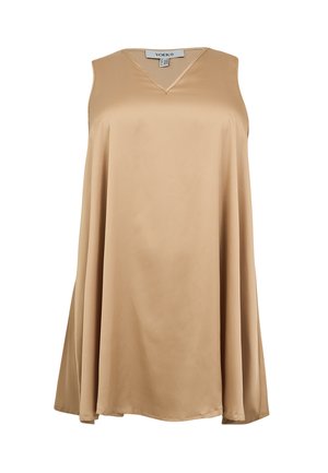 Ärmelloses beiges A-Linien-Kleid mit V-Ausschnitt und glattem Stoff, mit einer lockeren, fließenden Silhouette und Yoek Markenetikett im Krageninnenteil.