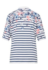 Gestreiftes T-Shirt mit floralem Muster in Blau, Pink und Weiß. Kurze Ärmel und runder Halsausschnitt, aus leichtem Stoff gefertigt.