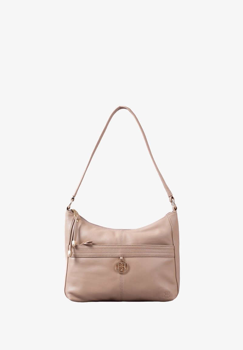 Beige leather shoulder bag with a curved design, a front zip pocket, and gold-tone hardware. Features a decorative charm and smooth texture.