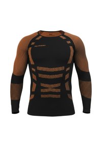 Long-sleeve athletic shirt in black and brown, featuring a fitted design, textured accents, and mesh pattern for ventilation.