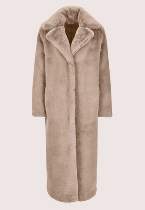 Beiger Pelzmantel aus Kunstfell mit breitem Reverskragen, langen Ärmeln und einer einzelnen Knopfleiste. Verfügt über eine weiche Textur und ein knielanges Design.