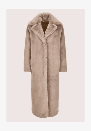 Beiger Pelzmantel aus Kunstfell mit breitem Reverskragen, langen Ärmeln und einer einzelnen Knopfleiste. Verfügt über eine weiche Textur und ein knielanges Design.